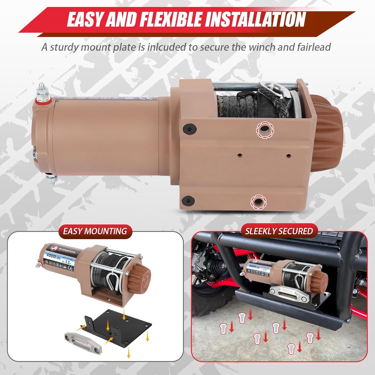 4000lb Winch, IP67 Waterproof, Dual Wireless Remotes, Synthetic Rope with 6600 lbs Breaking Strength, 12V, for ATV/UTV Recovery, Trailer, Flatbed (RH4000 Separate Mount)