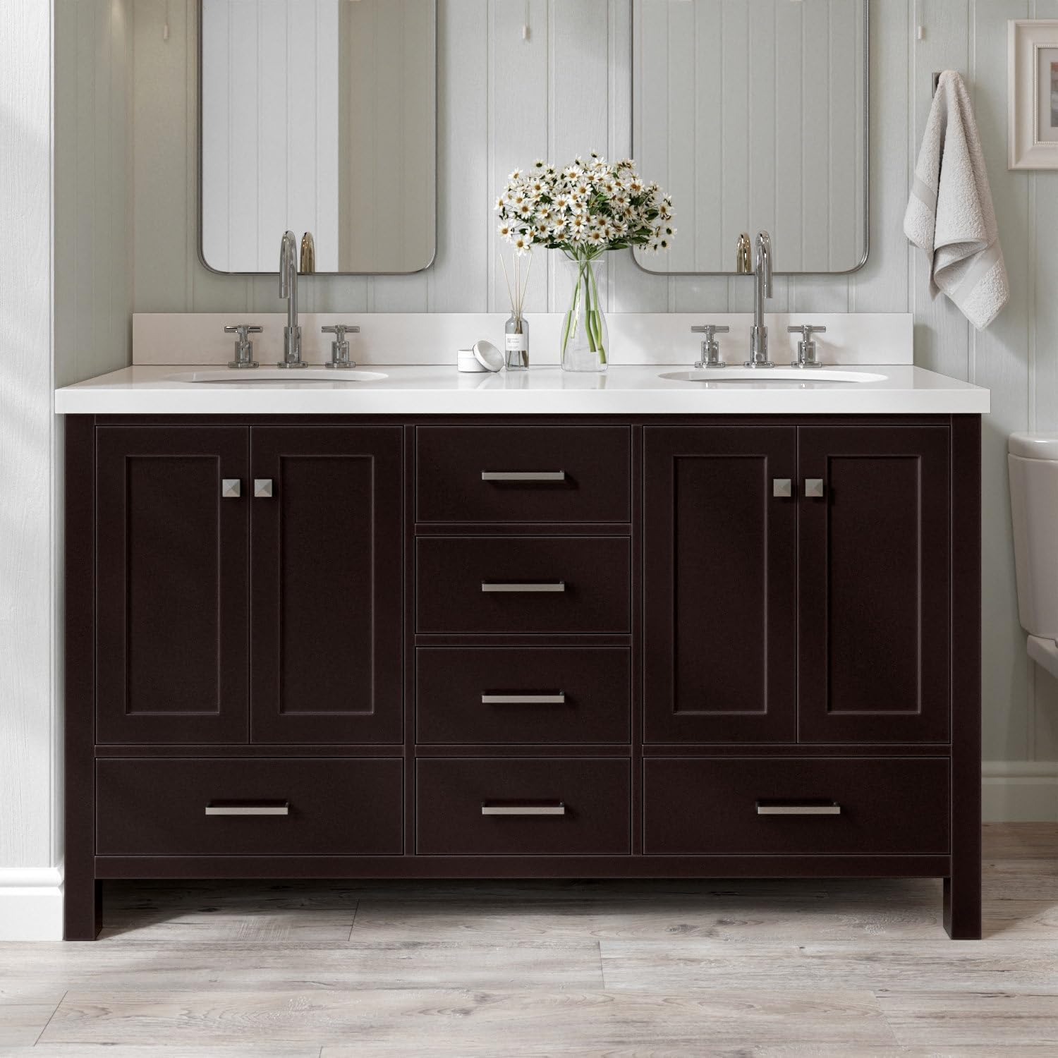 ARIEL Cambridge 60-inch Bathroom Vanity with Sink,Solid Wood, 1.5-inch Pure White Quartz Countertop & Backsplash, Double Oval Porcelain Sink, 4 Soft Closing Doors, 6 Dovetail Drawers, Espresso