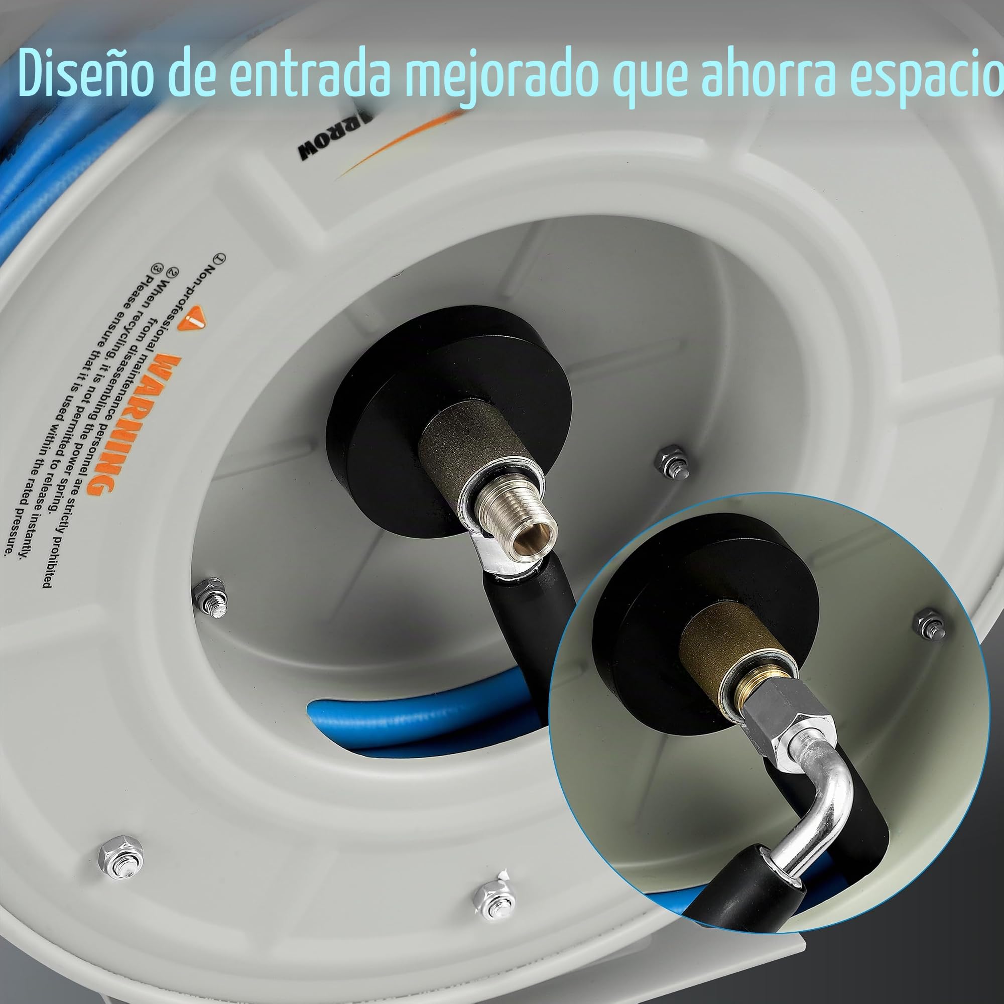 FIXFANS Carrete de manguera de lavado a presión con manguera, carrete de manguera retráctil de 1/4 pulgadas × 60 pies, carrete de manguera resistente, rebobinado automático, montado en la pared, 3600