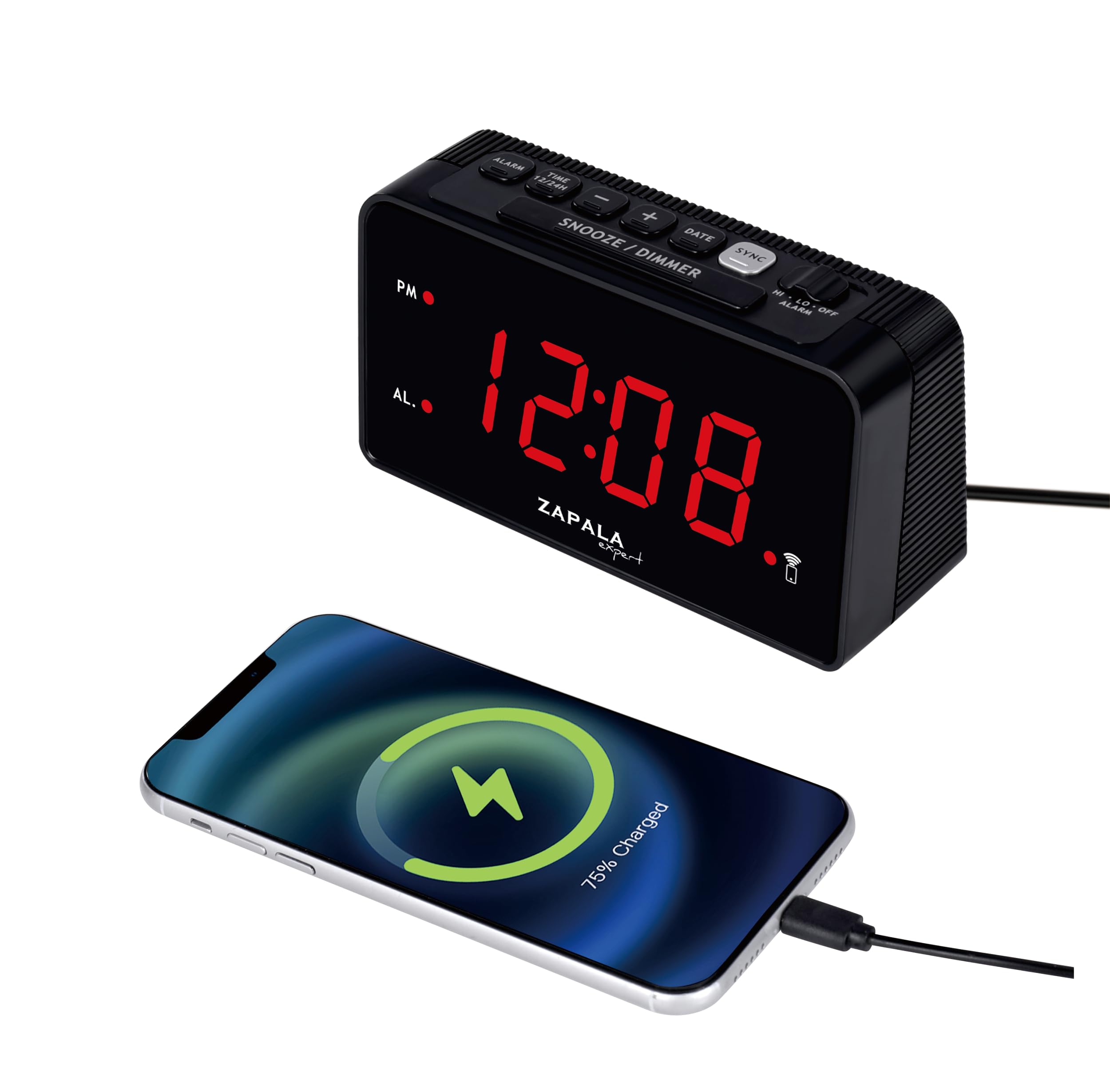 Zapala Expert Black Instant Time Sync Alarm Clock For Bedroom, Loud Alarm Led Bright Display, Simple Basic Digital Clock With Usb Charging Port, Adjustable Dimmer, Snooze For Deep Sleepers Kids Elderly