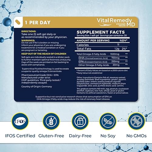 Miniatura 4 de VitalRemedyMD VitalOils1000 One a Day cápsulas blandas recubiertas entéricas aceite de pescado Omega 3 de alta potencia DHA EPA 1000 mg por tapa