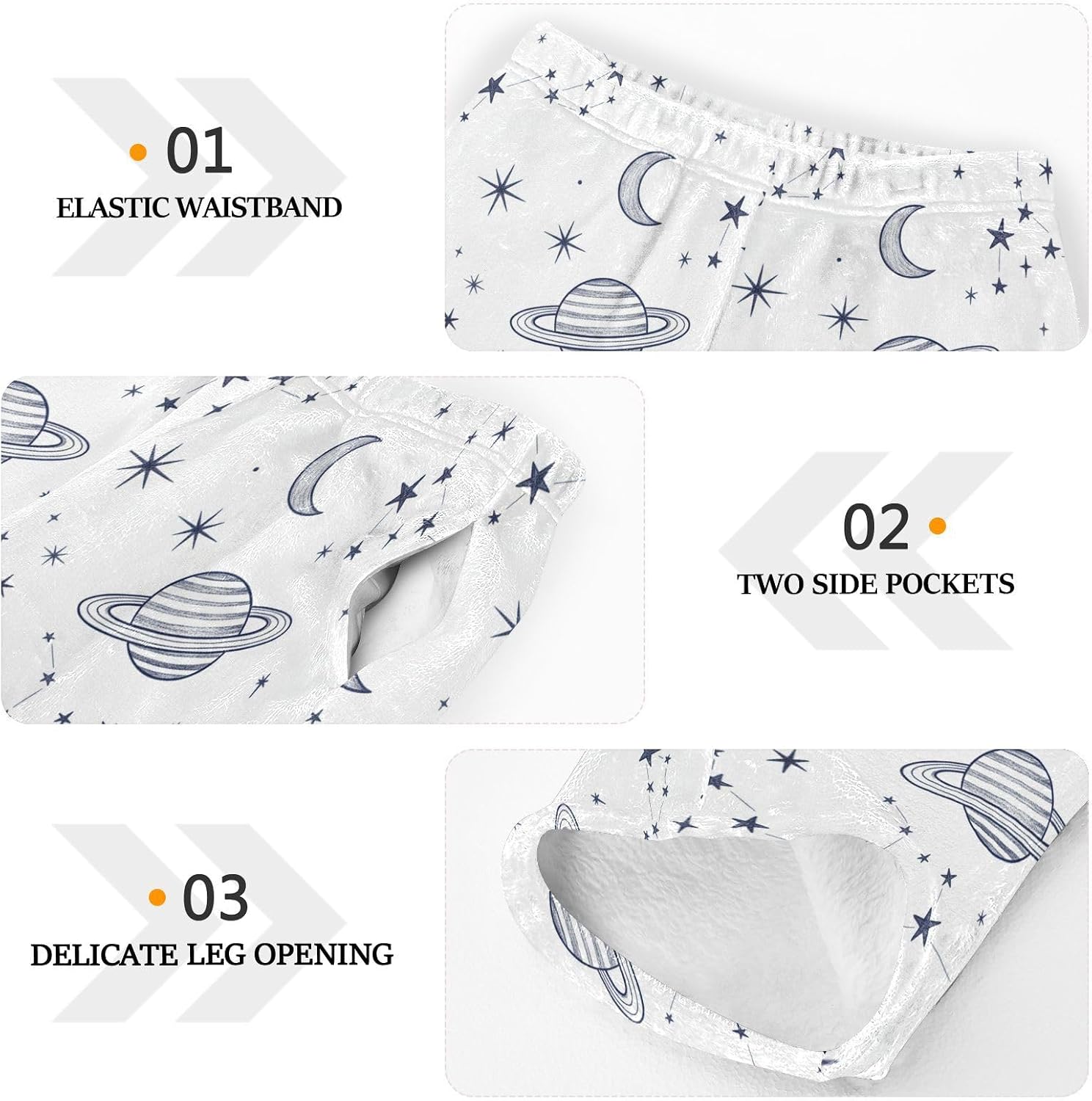 Space Stars Planets White Print Plush Pajama Pants Sleepwear Bottoms Lounge Fleece Pants with Elastic Waist, S-XL