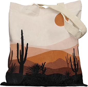 Boho Tote Bag, Abstract Boho Western Desert Cactus Aesthetic Canvas Tote Bags for Women, Mid Century Modern Reusable Grocery Shopping Bags