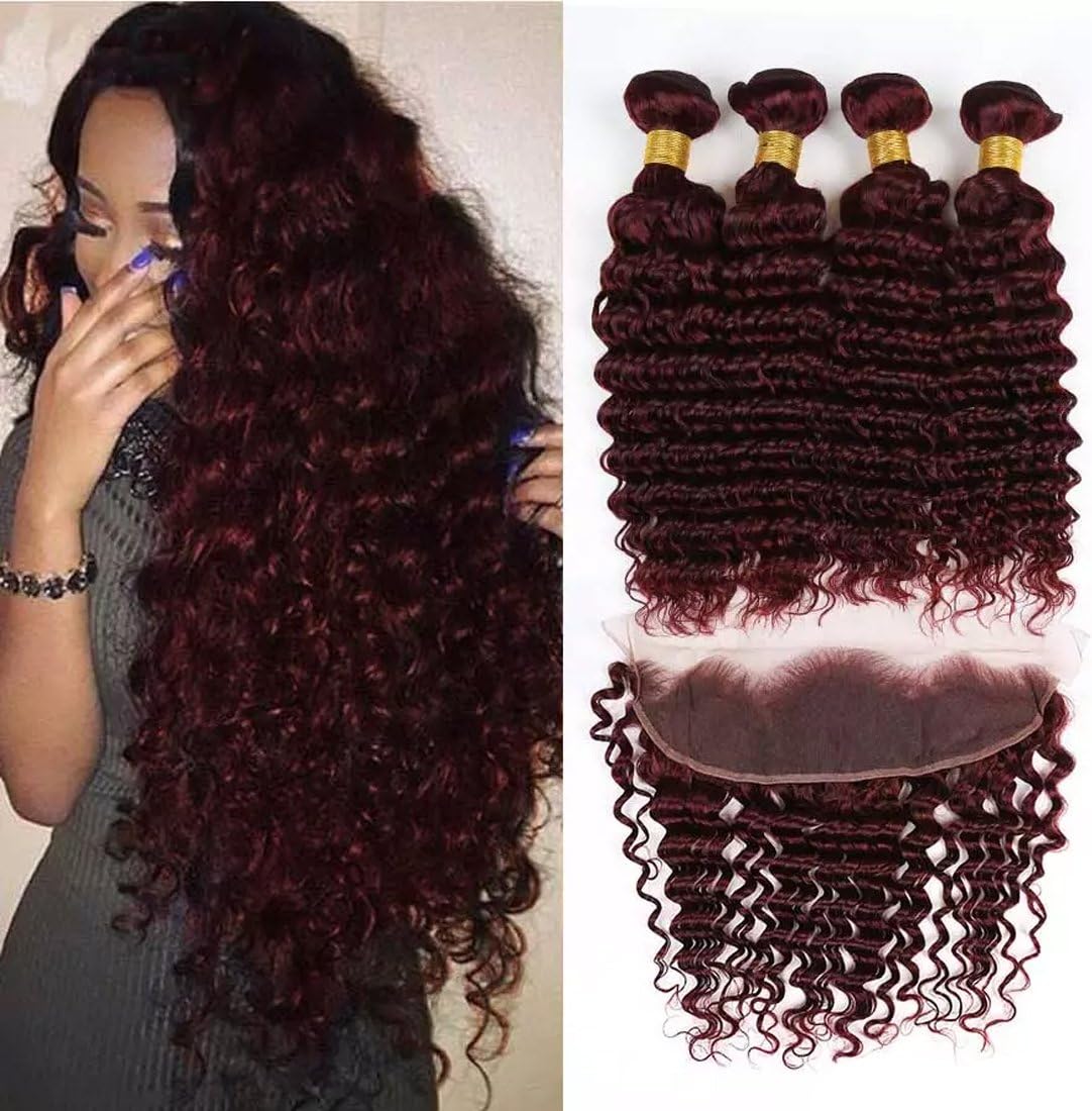 8A Burgundy Deep Wave Brazilian Virgin Hair Weave With 134 Lace Frontal Closure 5Pcs Lot #99J Wine Red Deep Curly Human Hair 4 Bundles With Ear to Ear Full Frontals (18 20 22 24 with 18, 99J,Burgundy)