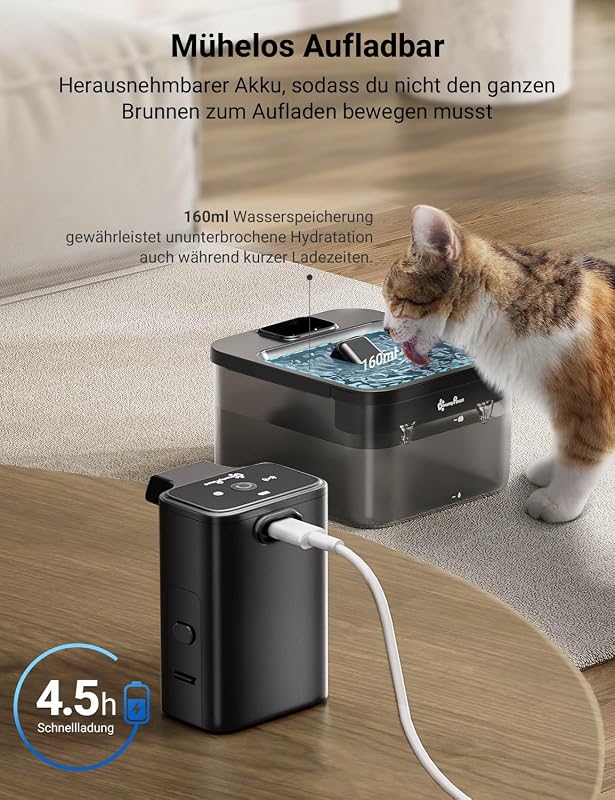 DownyPaws Vezeték nélküli macska ivófontána mozgásérzékelővel, 2.5L, akkumulátoros - ABS black