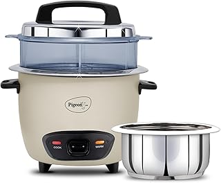 Pigeon Inox Pro Rice Cooker with Steamer, 1 litres | Stainless Steel Lid | 400 Watts | 1 Steel Cooking Pot | Measuring Cup | Spatula | Energy Efficient Cooking (Grey)