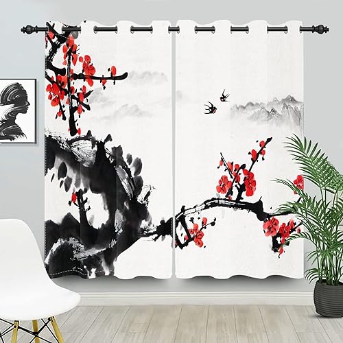 Yeele Paneles de cortina de pintura de tinta china japonesa de 42 x 84 pulgadas, paneles de cortina de ventana con aislamiento térmico y ojales para