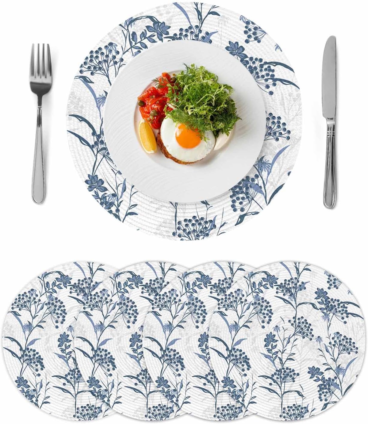 Round Placemats Set of 4 Spring Floral Place Mats Washable Woven Placemat Blue Berry Fruit Leaves Plant Circle Braided Heat Resistant Table Mat for Kitchen Dining Table Party Decor 15 Inch
