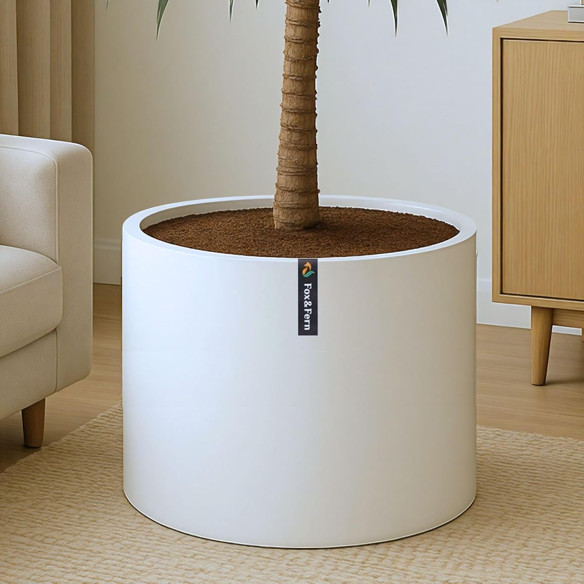 Maceta grande Fox & Fern para interior o exterior, blanco mate, 18,7 pulgadas | Resistente a los rayos UV y a las heladas, 70% más ligero que la cerámica, maceta con tapón de drenaje, maceta grande y moderna para sala de estar y patio