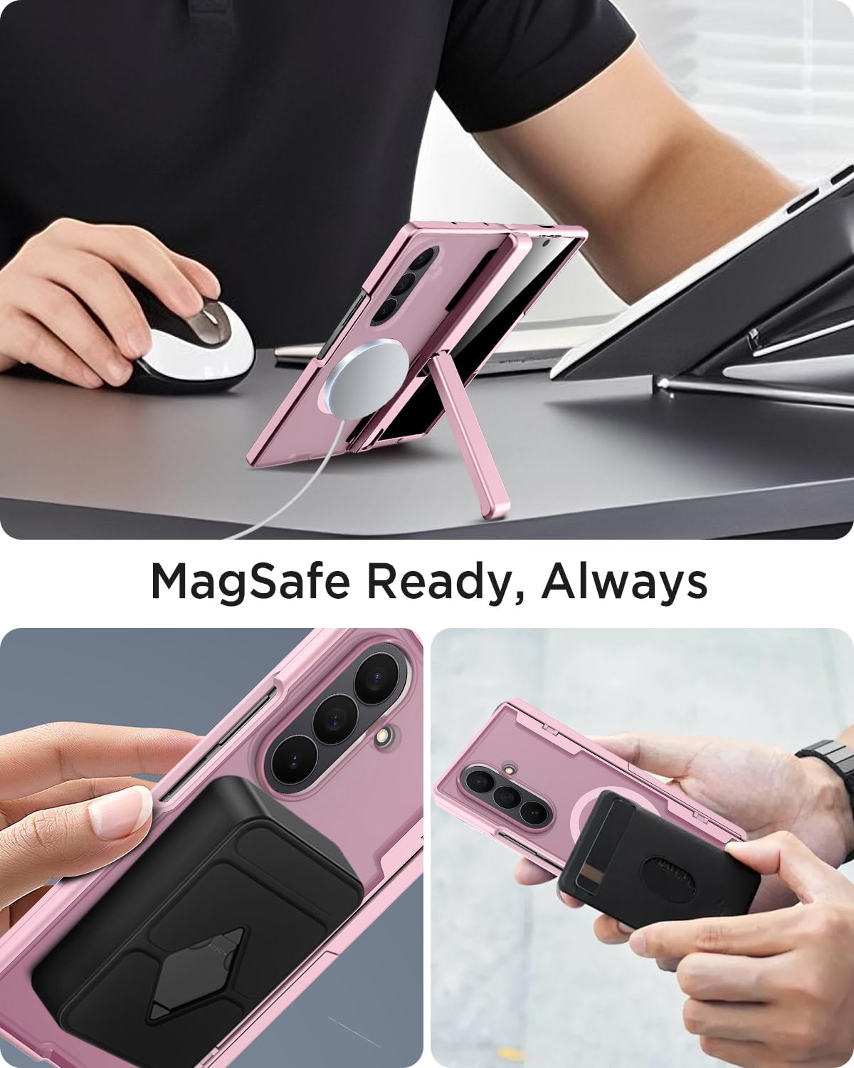 Miimall Magnet Case for Samsung Galaxy Z Fold 7, Built in Kickstand [Privacy Screen Protector] [Magnetic Hinge Protection] Military Grade&Wireless Charging Cover for Galaxy Z Fold 7 2025, Pink