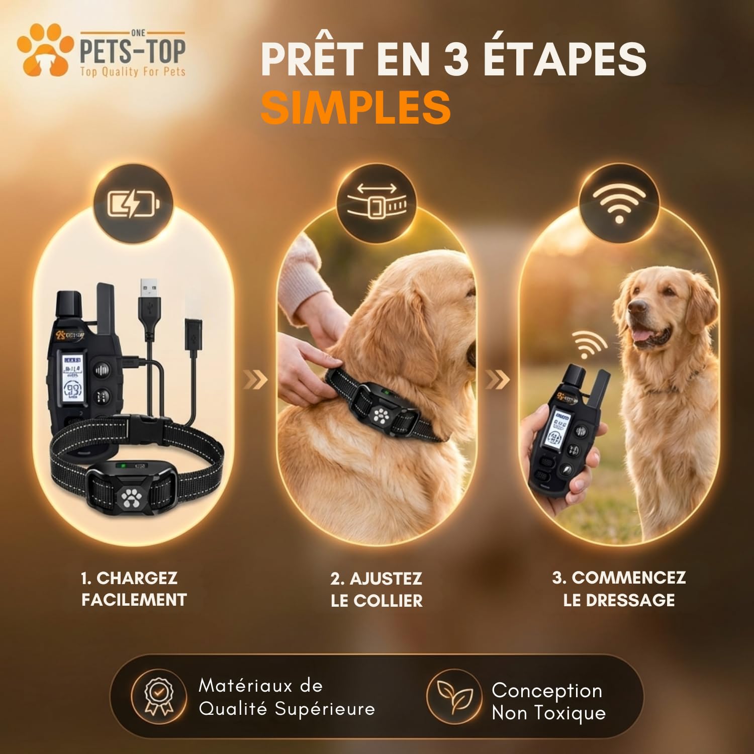 One PETS-TOP Collier de Dressage Chien – Collier Anti Fugue Étanche IPX7 avec Télécommande – 3 Modes : Bip, Vibration, Stimulation Electrostatique – pour Chiens de Toutes Tailles (Pack 1 Chien)
