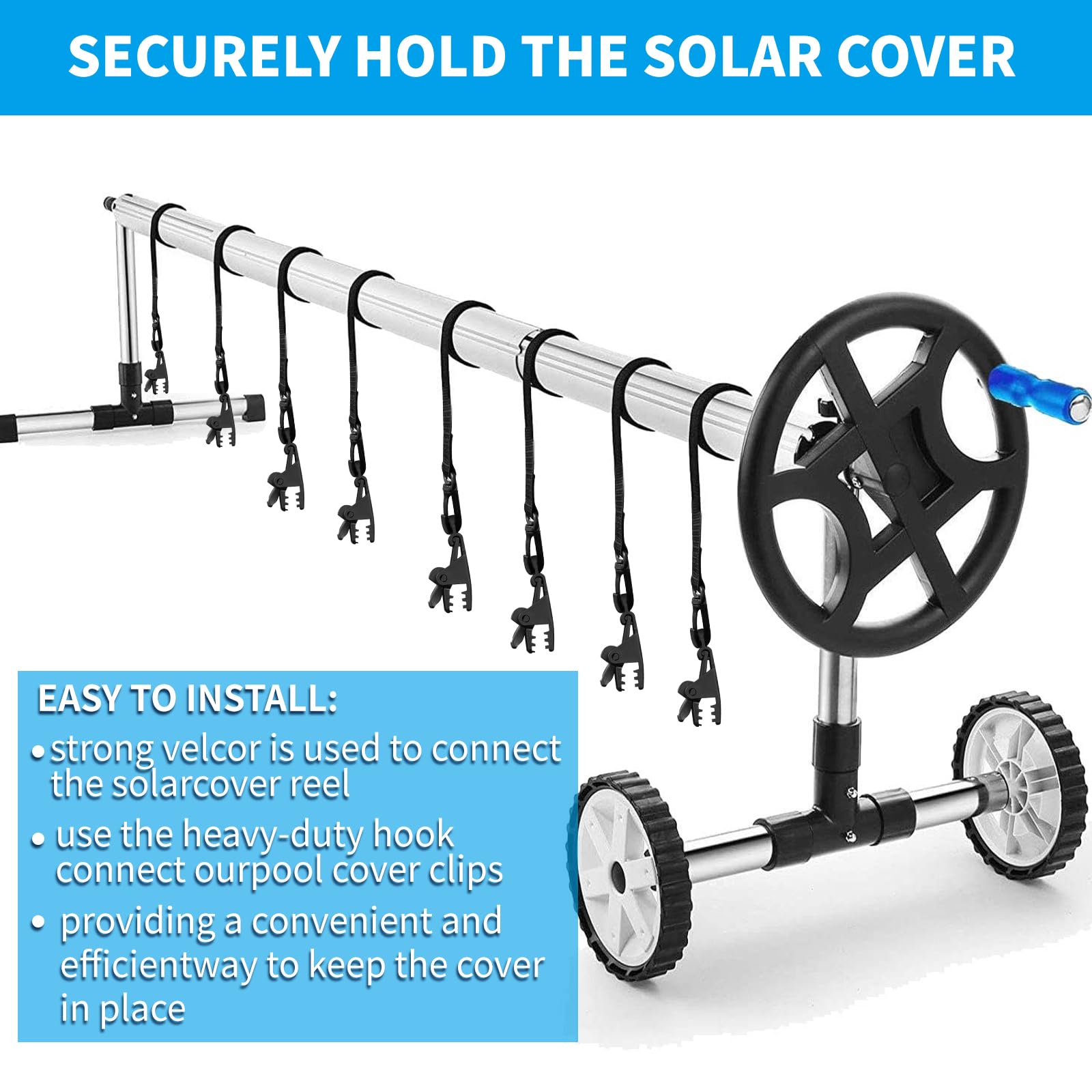 YumSur Enrollador de piscina – Bandas de sujeción – Juego de 8 bandas de fijación y grapas accesorios para sistema de enrollado móvil – Pantalla solar móvil para lonas de piscina, cubiertas