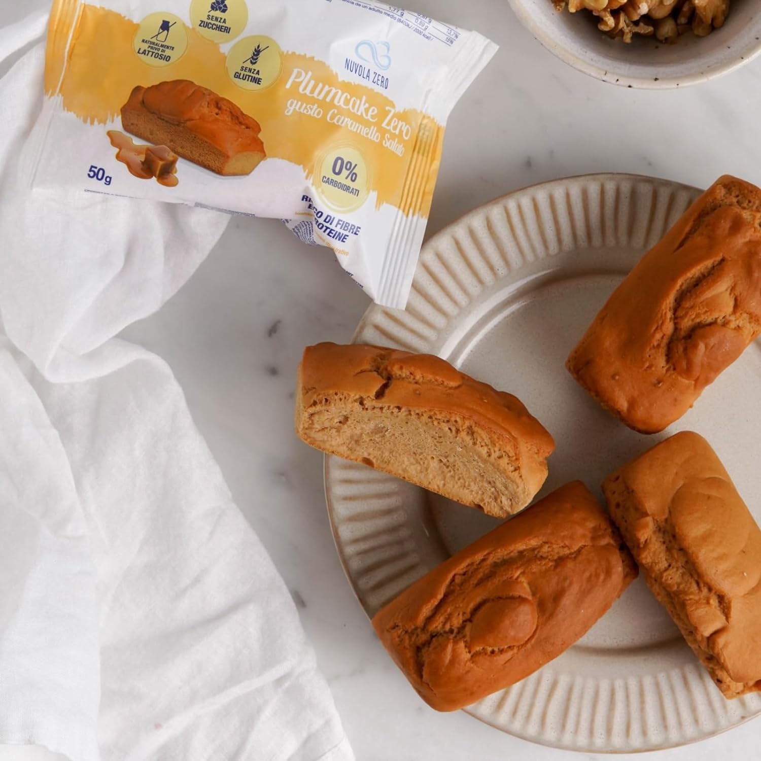 Nuvola Zero - Plumcake Zero Au Caramel Sans Glucides, Collations Sans Lactose, Sans Sucre, Sans Gluten, Riche en Fibres, Paquet de 12 Pièces, Fabriqué en Italie