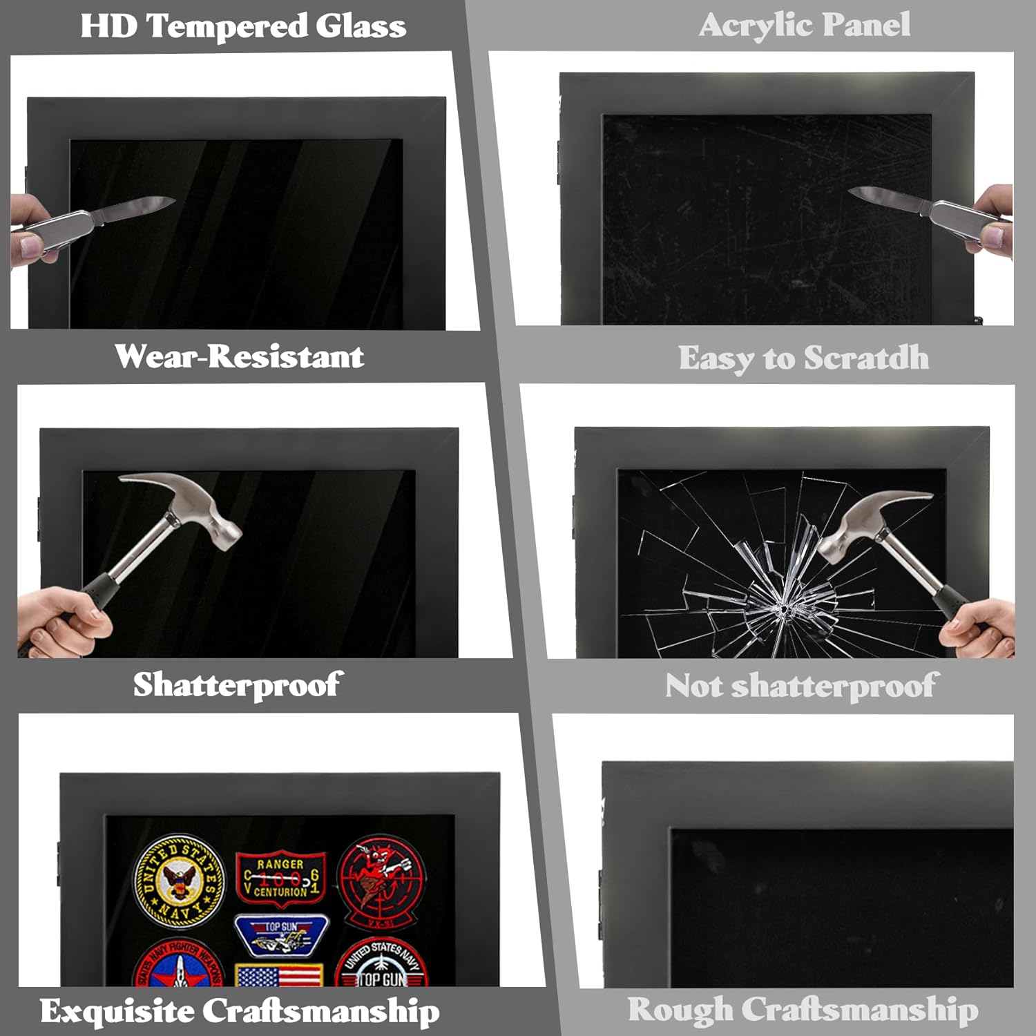 Pin Display Case 8 x 10 Solid Wood Lapel Pin Collection Display with 98% UV Protection HD Tempered Glass Door for Military Medal Badge Velcro Patch Board