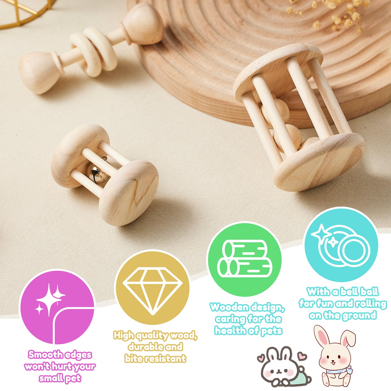 AOWPFVV 3 Pcs Wooden Bunny Toys - Safe Rabbit & Guinea Pigs Teeth Grinding Toys for Chinchillas, Hamsters & Small Animals - Indoor & Outdoor - image 6