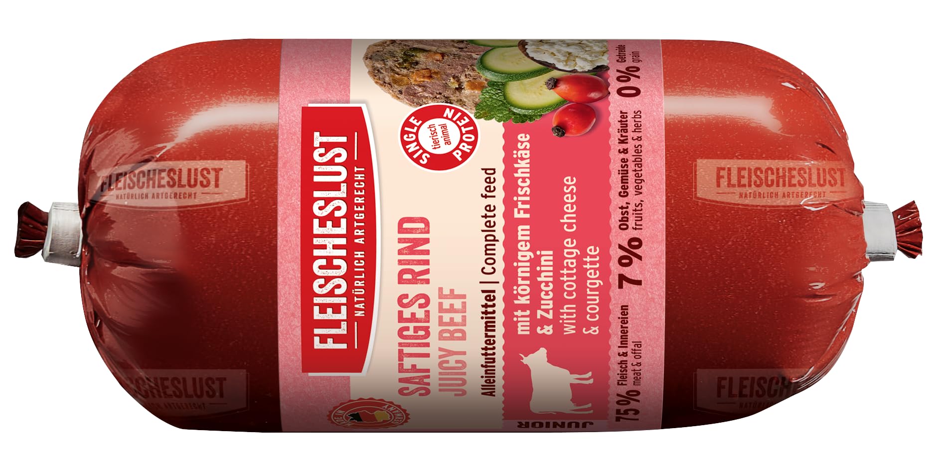 Fleischeslust Saucisse pour chien Junior - Bœuf juteux avec fromage frais en grains et courgettes (15 x 200 g) - Nourriture humide résistante aux coupures et sans céréales - Nourriture pour chiens