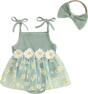 Baby Girl Clothes Daisy Ribbed Bodysuit Sleeveless Romper Dress Summer Outfit for Girls Newborn 3 6 9 12 18 Months - Buy now