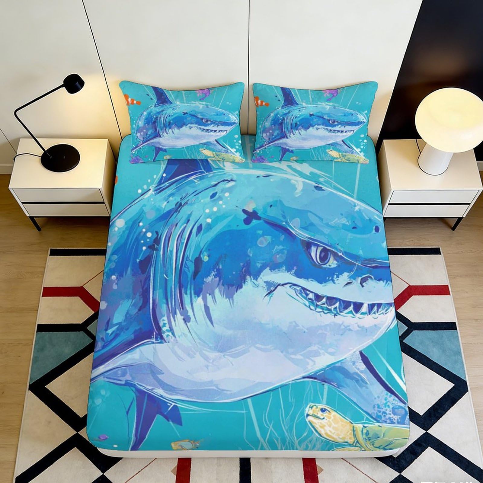 3D Printed Shark Ocean Fitted Sheet Microfiber Soft Breathable Fish Bed Sheet for Bedroom Dorm Mattress Protection Decor 90x200x25cm