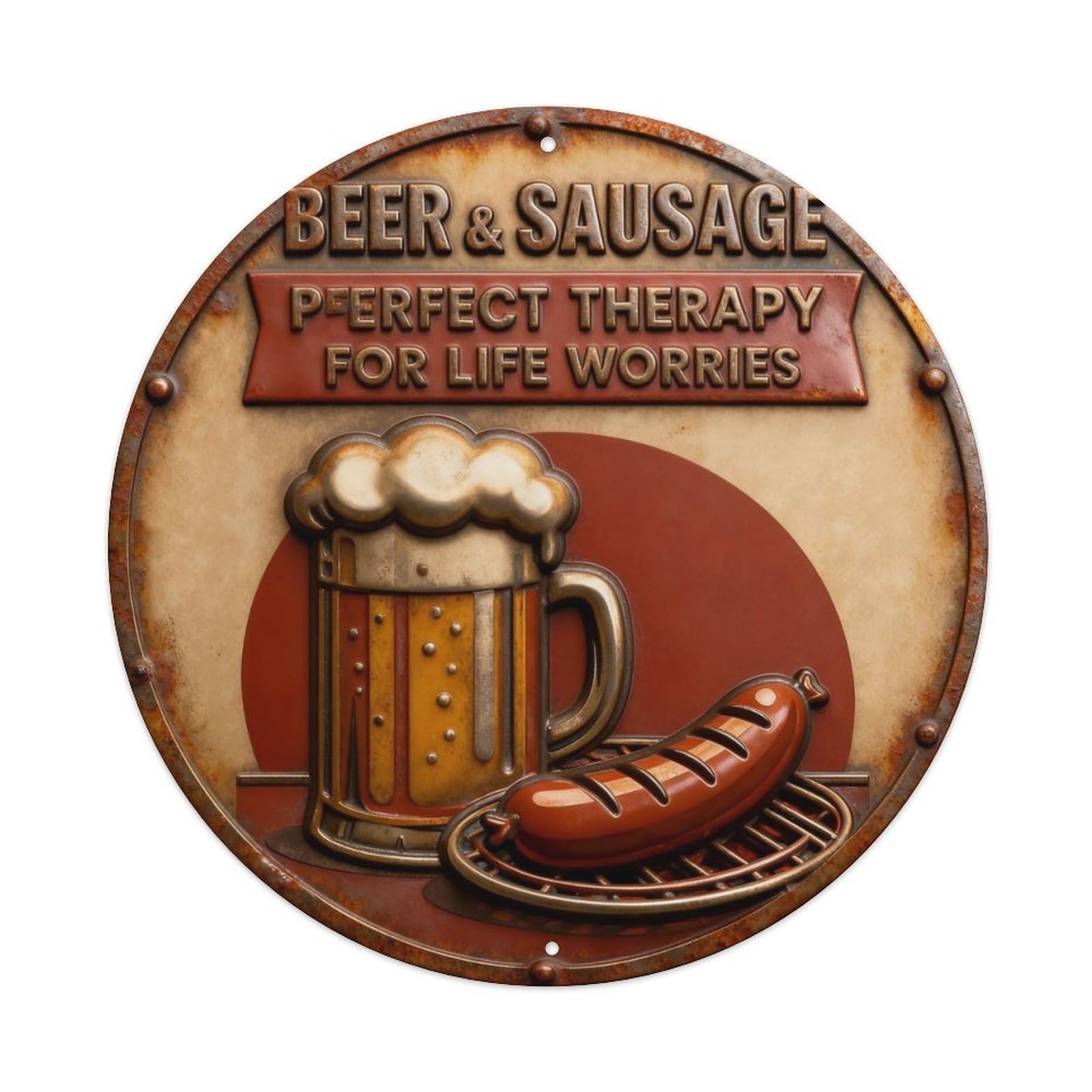 Beer And Sausage Poster Design Round Metal Tin Sign Vintage Wall Decor, Bar Garage Cafe Kitchen Home Wall Art Poster 8x8inches