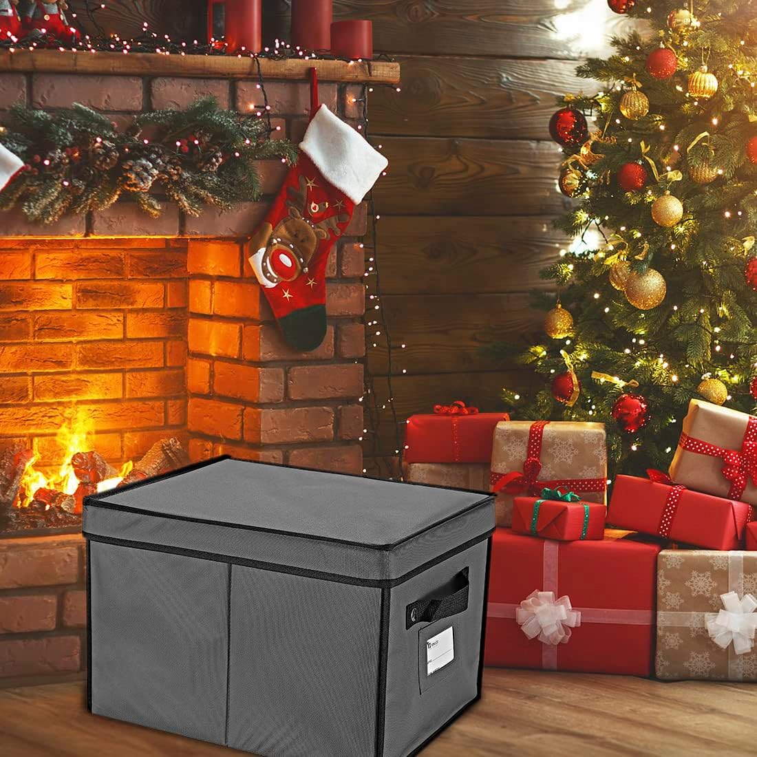 Primode Christmas Light Box Organizer | Holiday Light Storage Box with Lid Constructed Of Durable 600D Oxford Material (15” x 12” x 10”) (Gray)