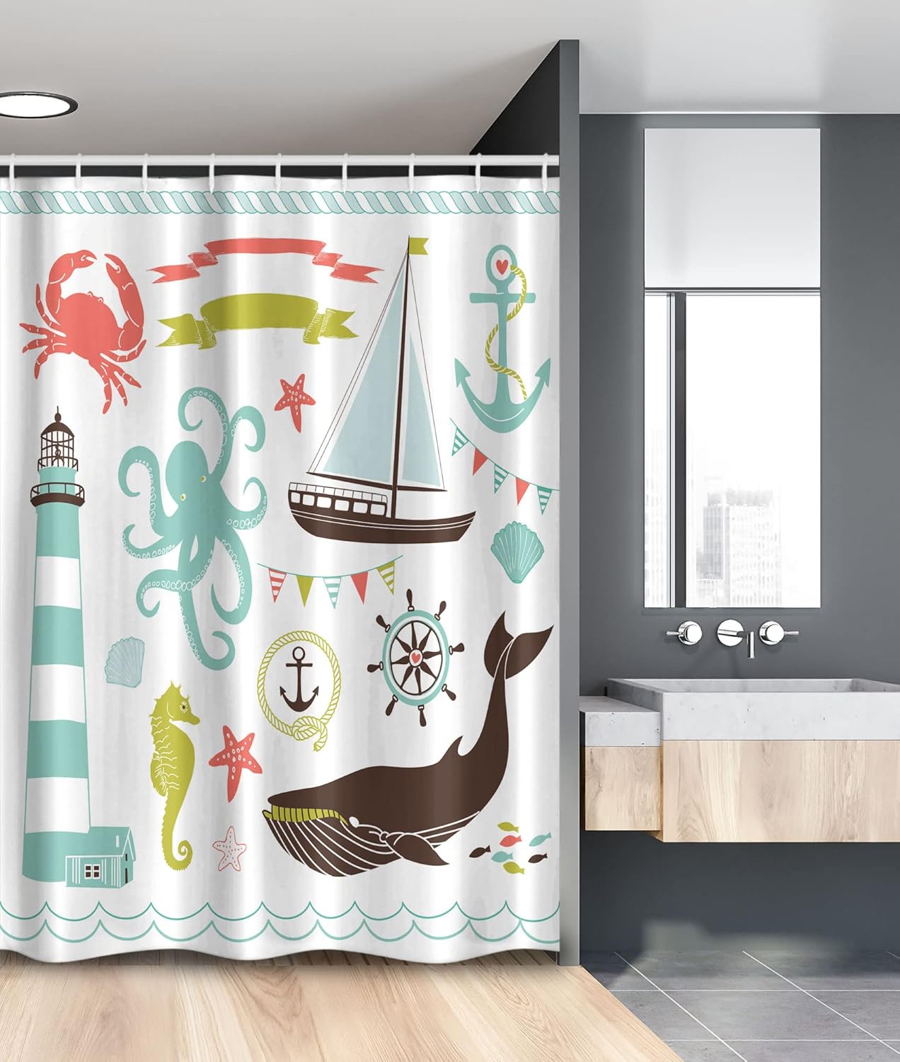 Ambesonne Nautical Shower Curtain, Lighthouse by The Seaside Nostalgia of a Cartoon Style Maritime Crab an Octopus Elements Illustration, Cloth Fabric Bathroom Set with Hooks, 69" W x 75" L, Khaki