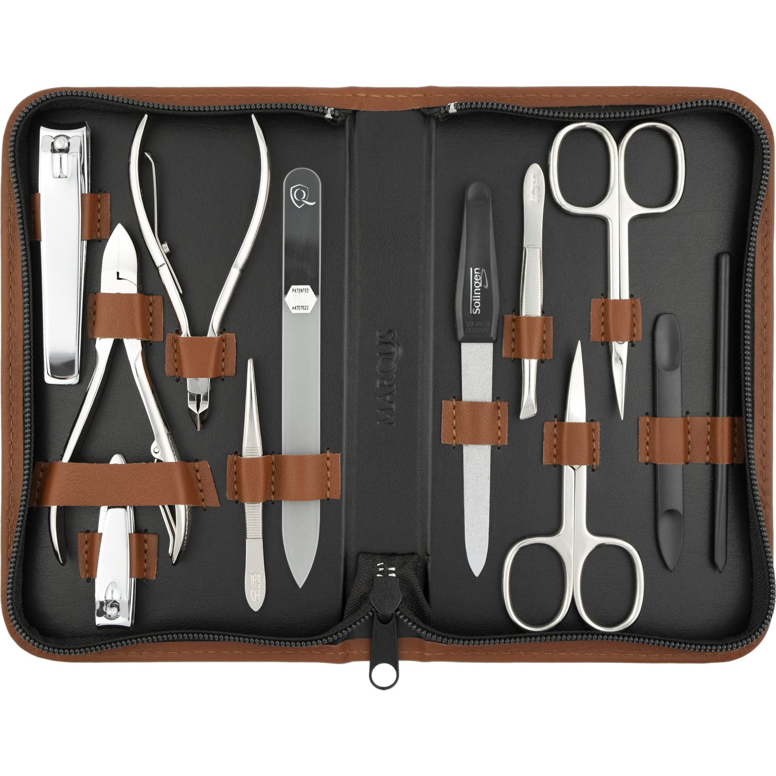 Solingen Manicure Set for women and men, 12 pcs kit, made in Germany incl. nail nippers, glass nailfile & pedicure tools
