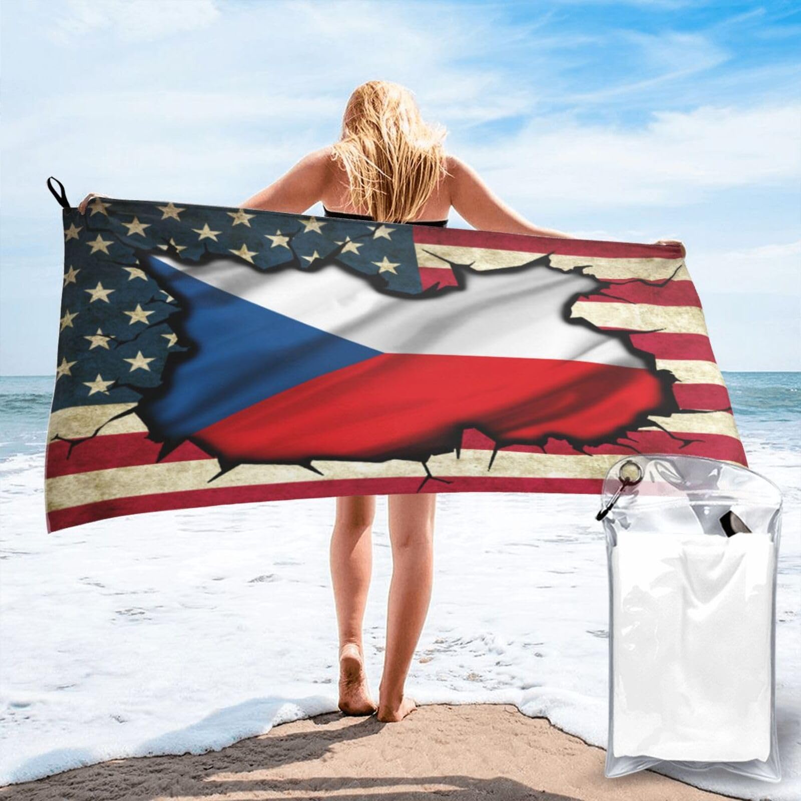 HACXZ Vintage America Flag and Czech Republic Czech Czechish Flag Absorbent Beach Towel Microfiber Beach Towel Lightweight 31.5"X63"