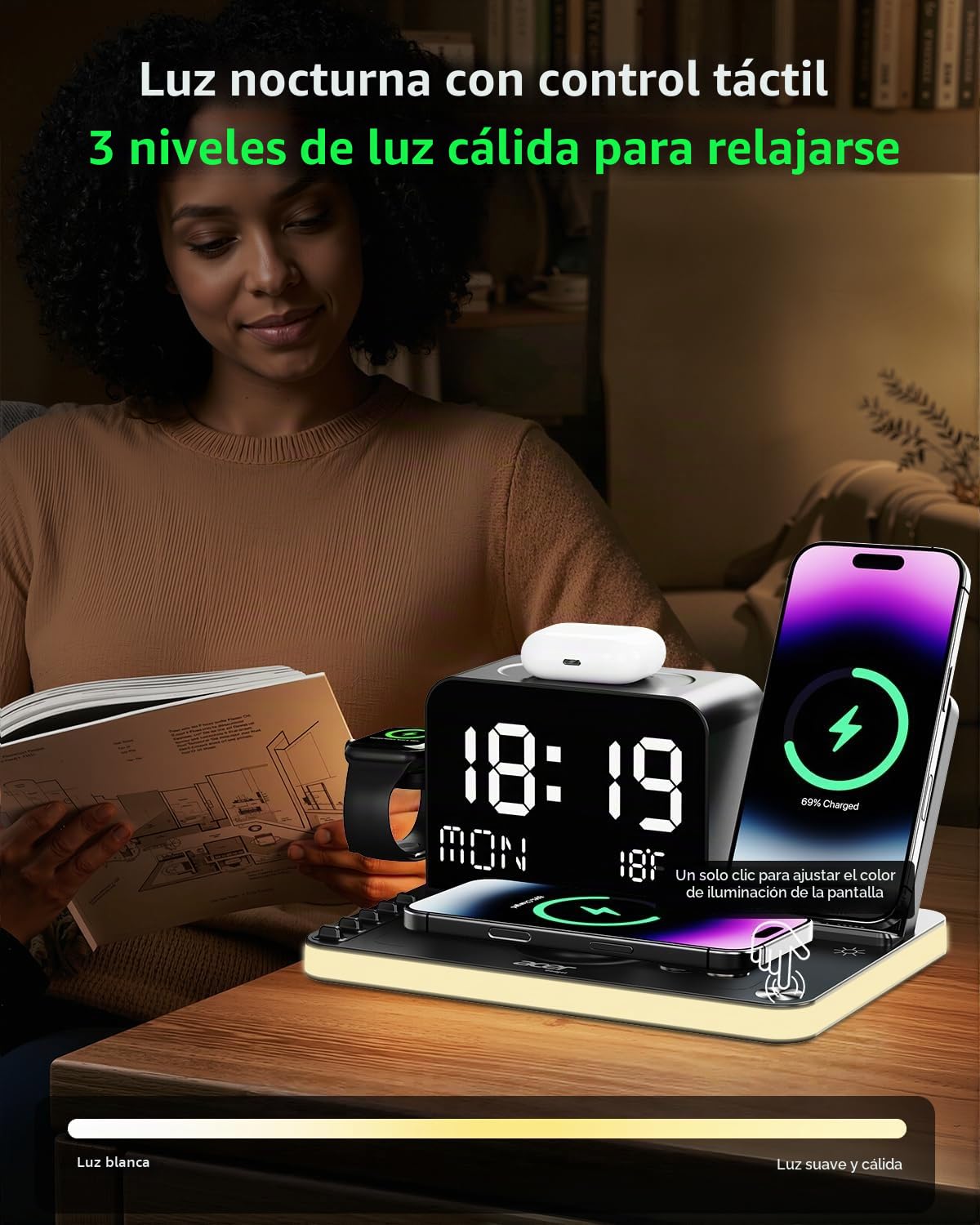 acer Estación de carga inalámbrica 7 en 1 con luz nocturna de brillo ajustable, compatible con iPhone 16/15/14/13/12 todas las series, teléfonos Android, AirPods e iWatch, cargador rápido con pantalla