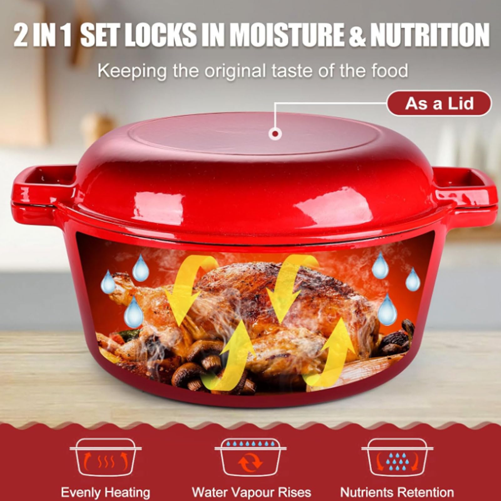 Asixxsix Forno Olandese in Ghisa 5QT, Pentola Rotonda 2 in 1 con Coperchio Padella Pentola Rotonda in Ghisa per Brasare Stufato Friggere Cottura a Fuoco Lento, Forno Sicuro Piano Cottura