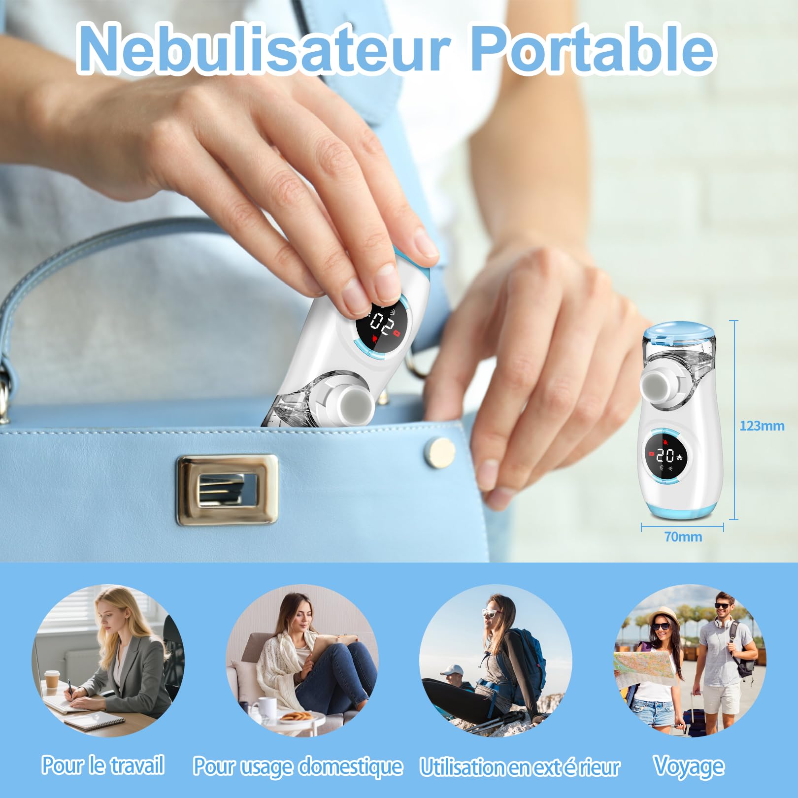 Nebulisateur pour Adultes et Enfants,Nebulisateur Portable Silencieux avec Ecran Digital,Nébuliseur Rechargeable Inhalateur Aerosol Medical Electrique avec 2 Masques et Embout Buccal