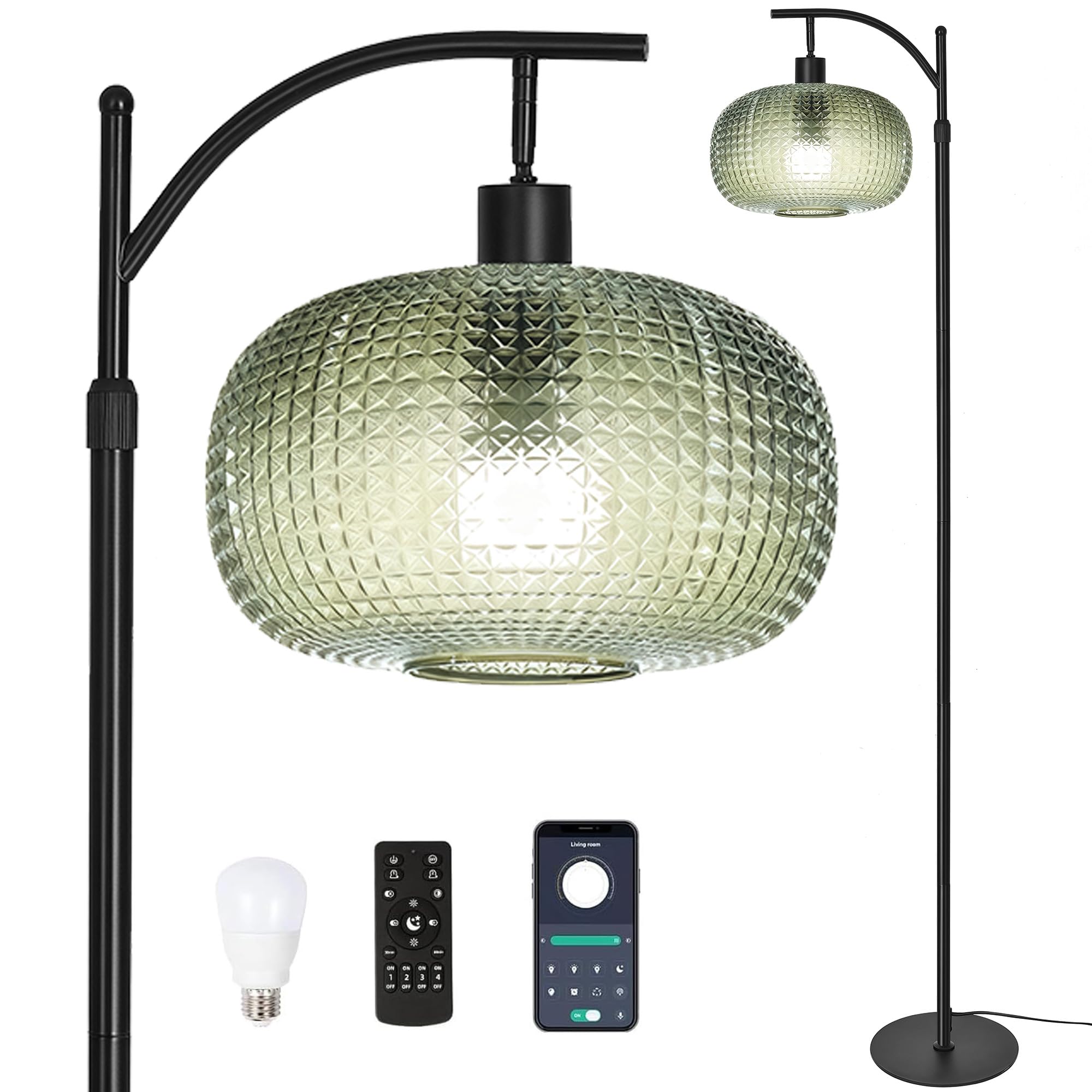 Photo 1 of Duoled Floor Lamp for Living Room,Bedroom,Mid Century Modern Standing Lamp with Remote,Dimmable Brass Tall Lamp Dark Green Glass Lamp Vintage Retro Arc Floor Lamps Floor Light Boho Bohemian