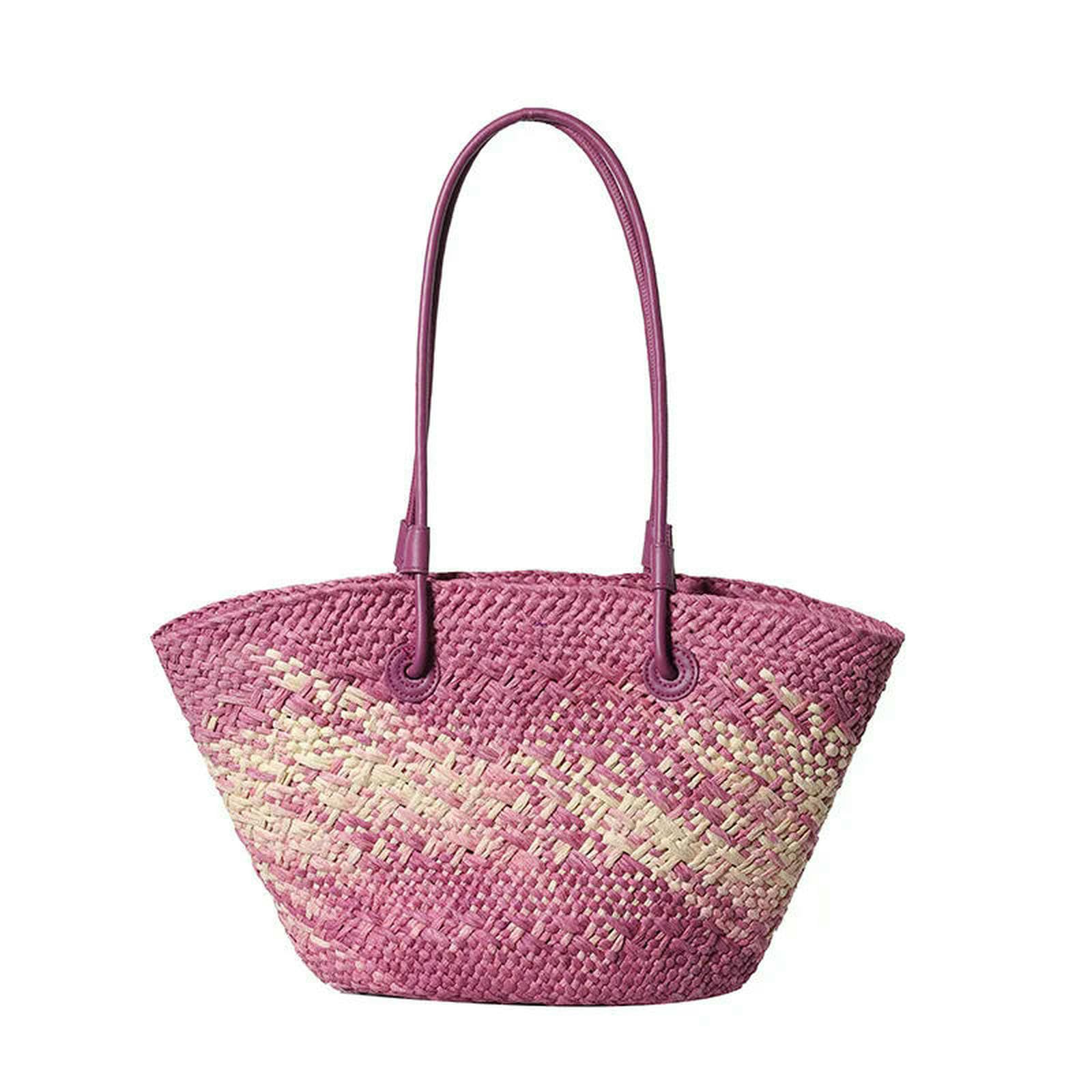 Strohtaschen Damen Shopper Gradientenfarben Gewebte Tasche Summer Textur Vielseitige Kapazität Einfacher Freizeit -Strand -Reise -strohbeutel-rosa