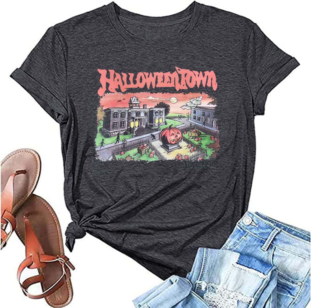 Oriental PearlVintage Halloween Town Est 1998 Shirt Women Pumpkin Halloween Graphic Tees Fall Party Gift Tops