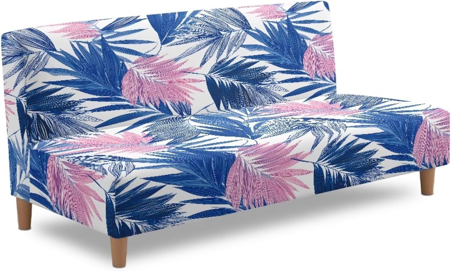 Stretch Futon Slipcover with Elastic Bottom Armless Futon Cover Sofa Slipcover Non-Slip Furniture Protector Folding Sofa Bed Cover for Home Decoration, Blue Pink Leaf Pattern