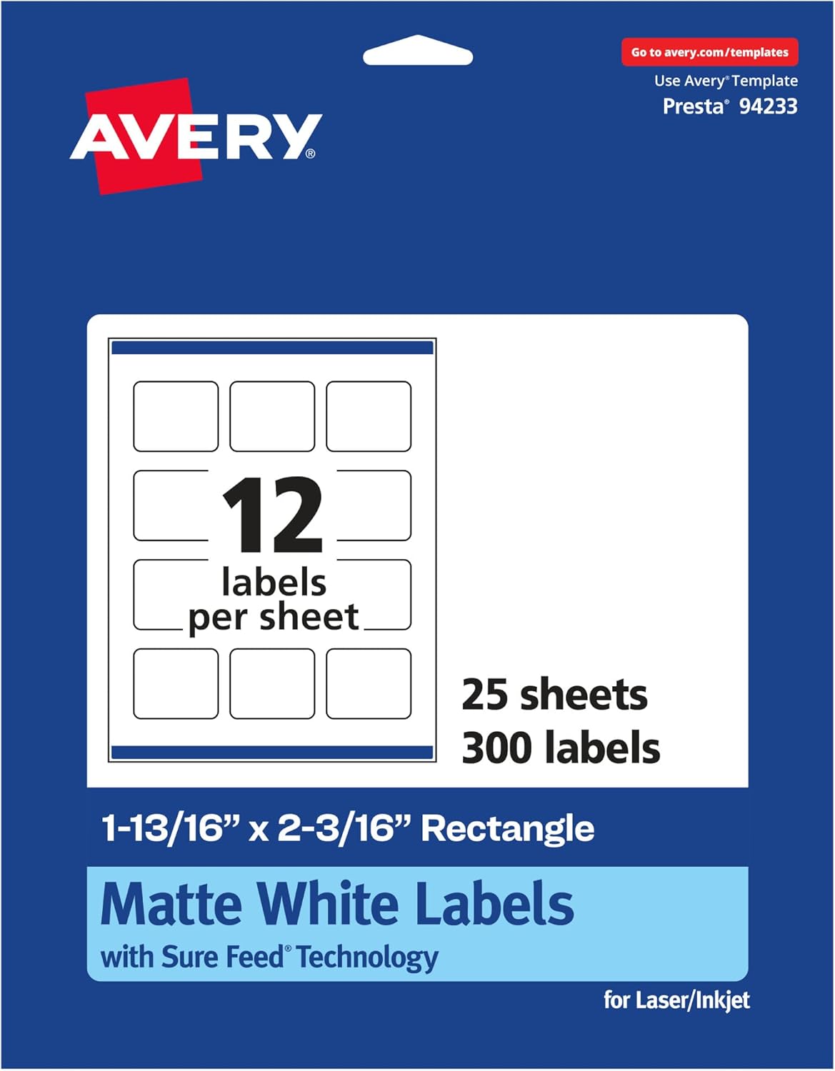 Avery Matte White Rectangle Labels, Sure Feed Technology, 1-13/16" x 2-3/16", 600 Matte White Printable Labels