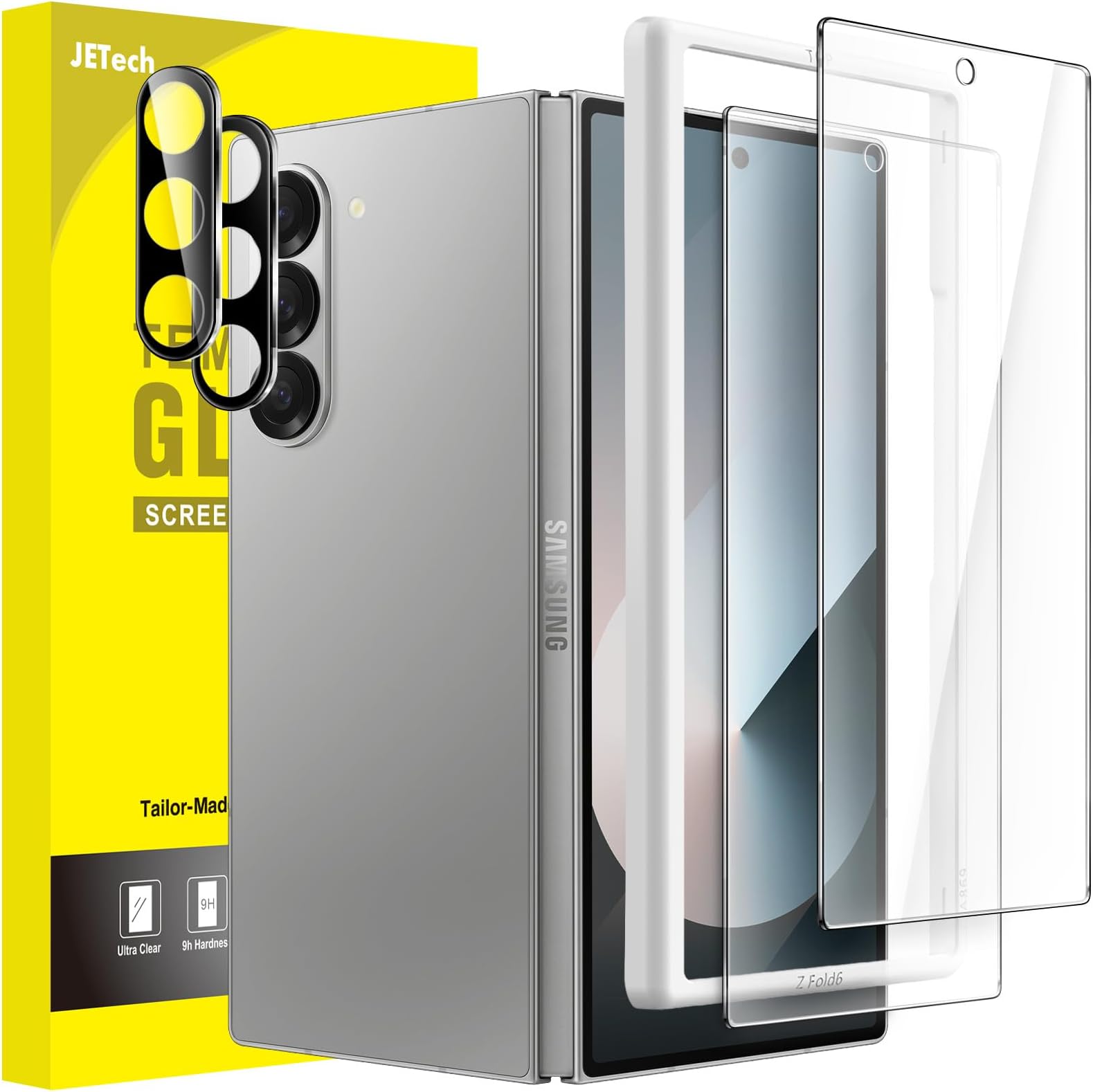 Front Screen Protector for Samsung Galaxy Z Fold 6 with Camera Lens Protector, Easy Installation Tool, 9H Tempered Glass Film, Anti-Scratch, HD Clear, 2-Pack Each
