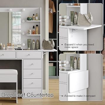 FUSOU Dressing Table with Mirror and Stool, 11 Drawers Vanity Desk, White | Vanity Table with 10 LED Light, 3 Color Modes, 120cm Wide 140cm Tall Makeup table 4 Shelves and Fold-up Panel for Bedroom
