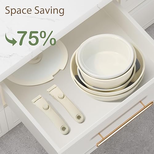 Miniatura 5 de Ollas y sartenes antiadherentes, juego de utensilios de cocina antiadherentes de cerámica, juego de cocina de inducción con mango extraíble,