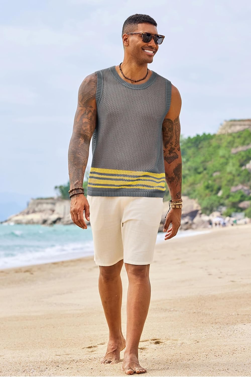 Runcati Mens Sleeveless Tank Tops Knitted Hollow Out Crochet T-Shirts Muscle Summer Beach Color Block Shirts - Image 5