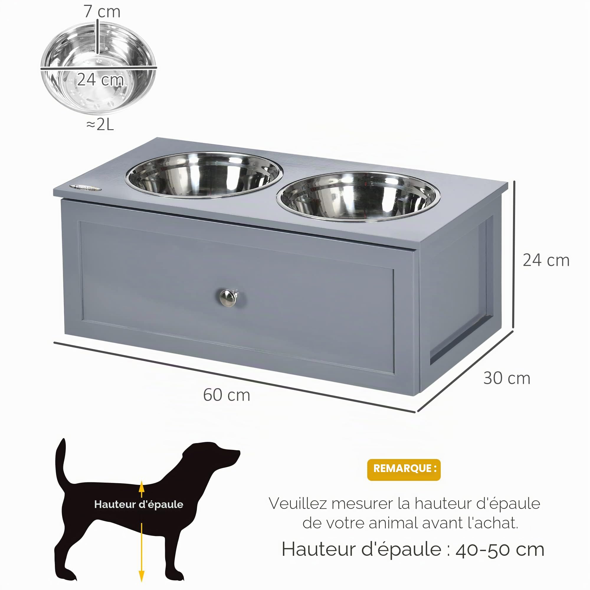 PawHut Gamelle surélevée avec tiroir pour Chiens Moyens et Chats Gris