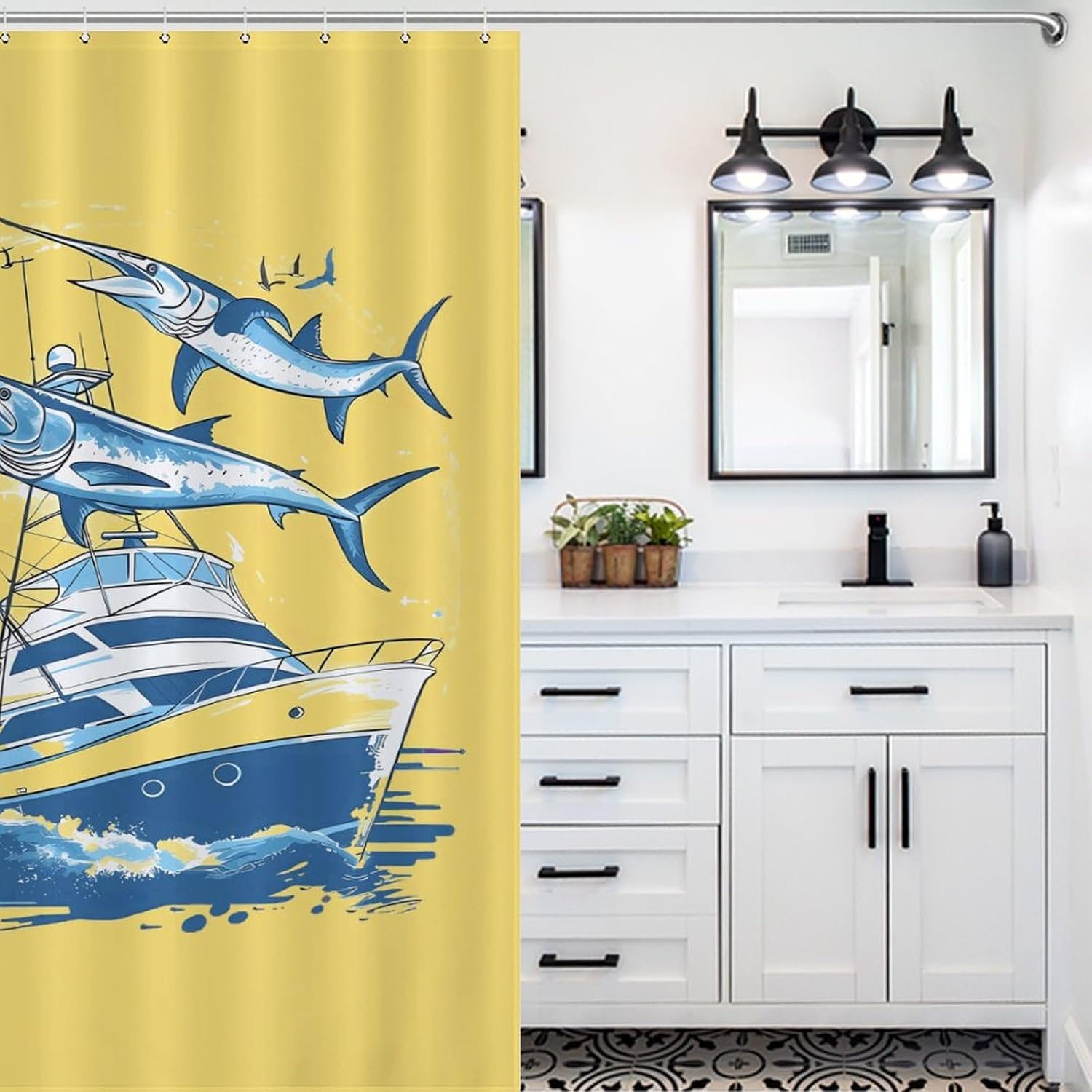 Marlin and Sails Funny Shower Curtains Washable Bath Curtain Liner with Hooks for Bathroom Bath Tubs 55x72Inch（140x183cm）