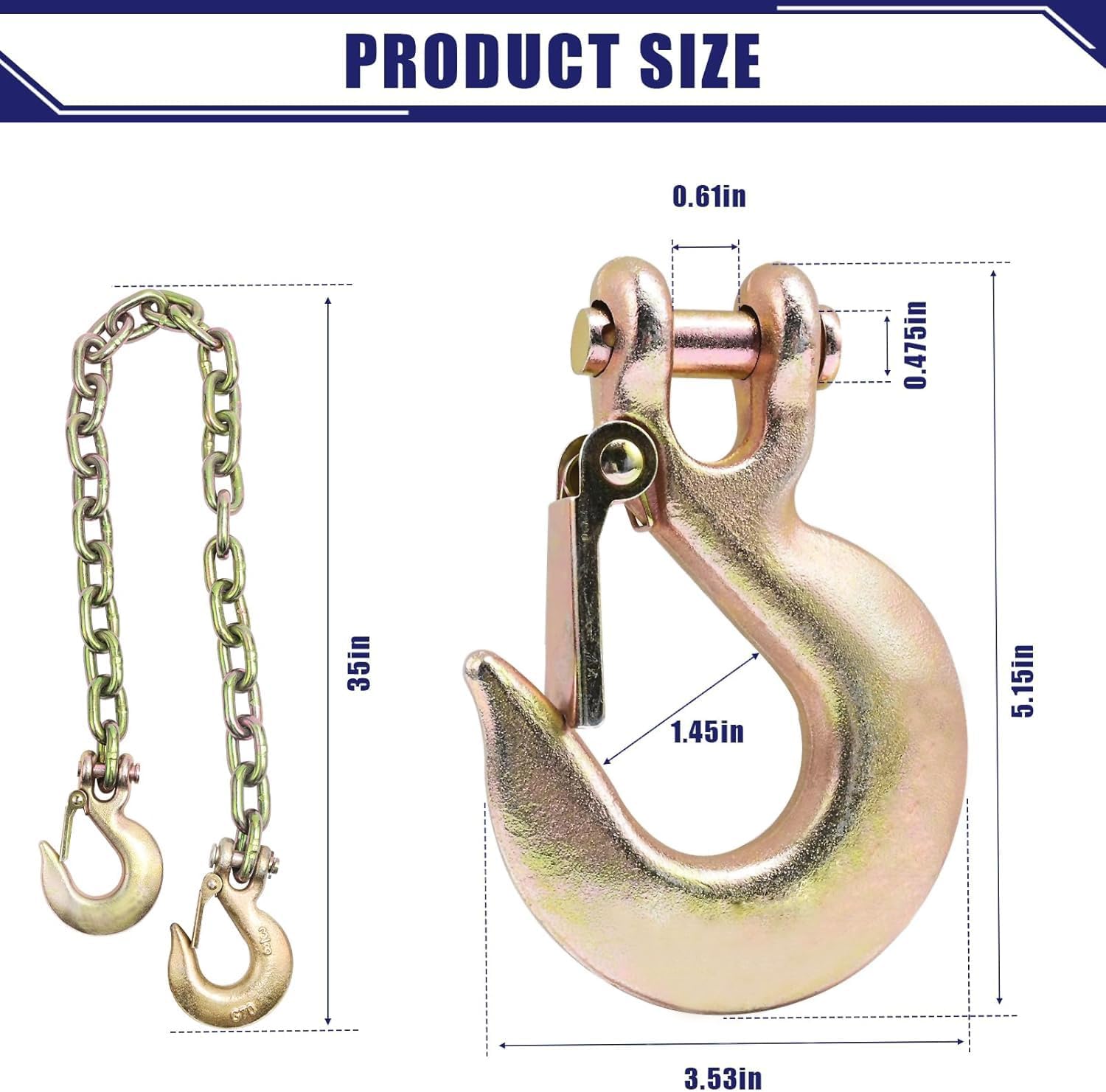 JEXTRA 3/8" x 35" Grade 70 Trailer Safety Chain, Clevis Safety Hooks with Tow Chains 6600 Lbs Working Load for Tractor, Truck, Heavy Duty Traile and Gooseneck Couplers (Gold 2 Pack)