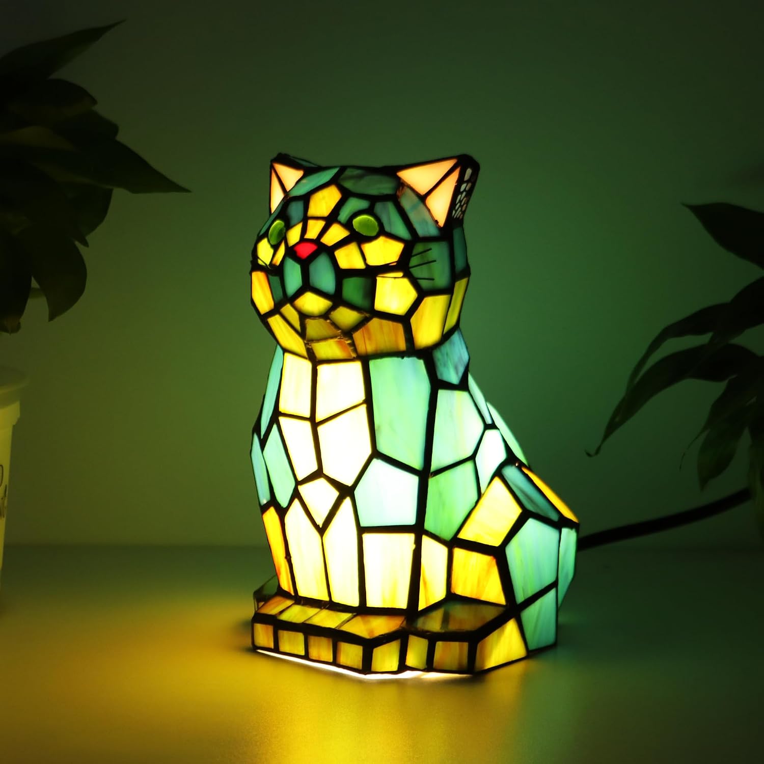 Tiffany Cat Lamp Blue and Green Stained Glass Animal Table Lamp Accent Lamp