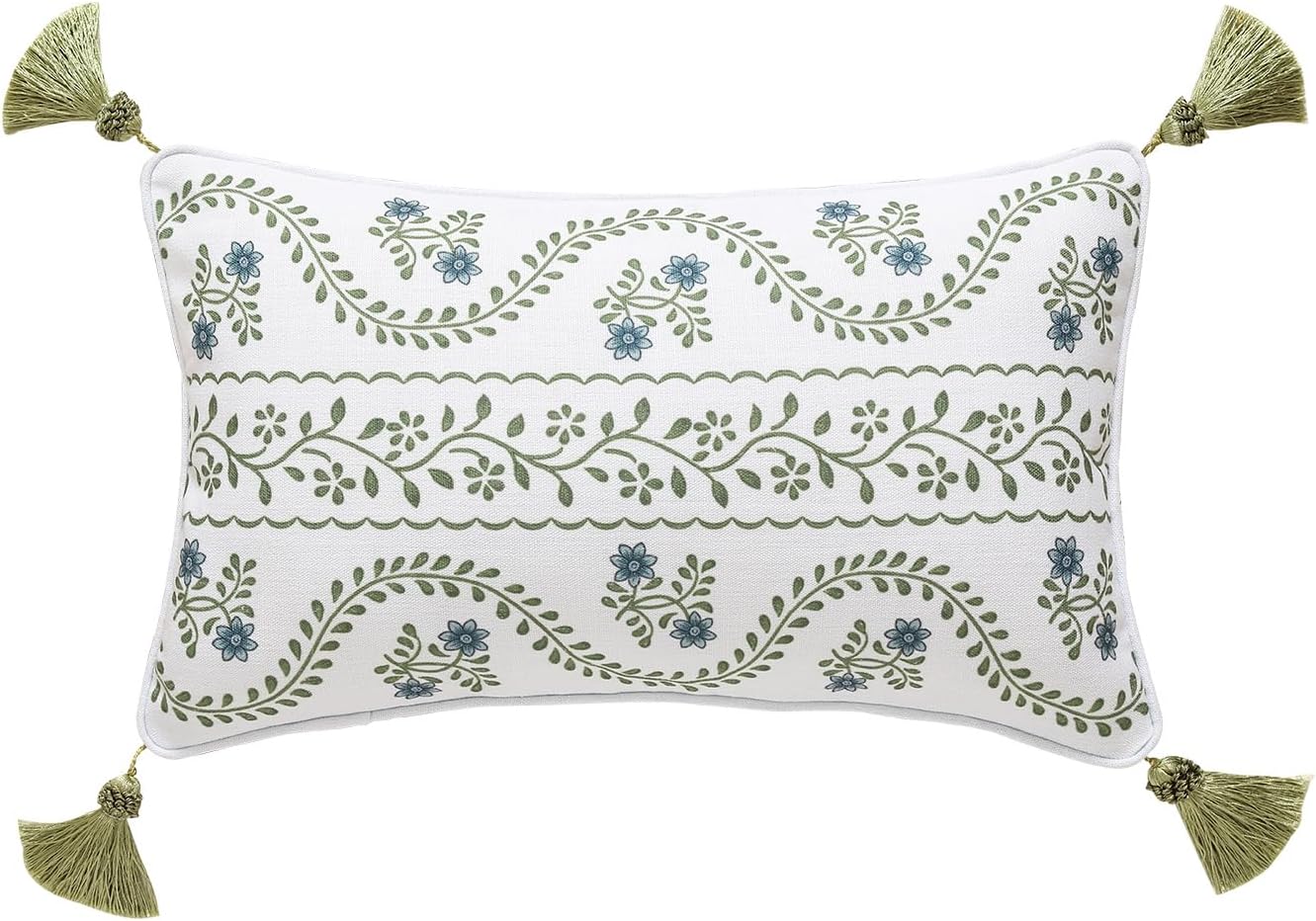 ISAENNE Design Fresh Linen Rectangle Throw Pillow Covers 12"x20", French White Cottage Cushion Covers with Green Branches Pattern Decoration Pillowcases for Bed,Living Room,Outdoor,Car Mosella D 20" x 12" (Pack of 1)