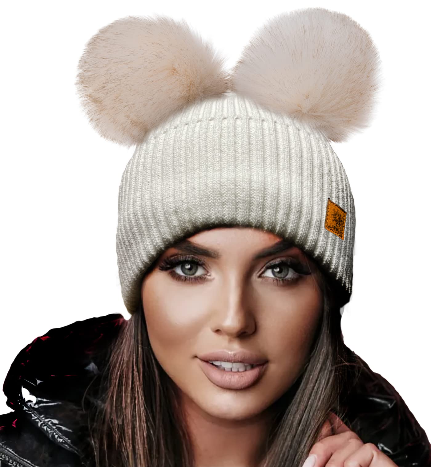 4Sold Women's Megi Ecru Miki Colour Girls Winter Hat Wool Knitted Beanie With Double Pom Pom Cap Ski Snowboard Bobble (Megi Ecru)