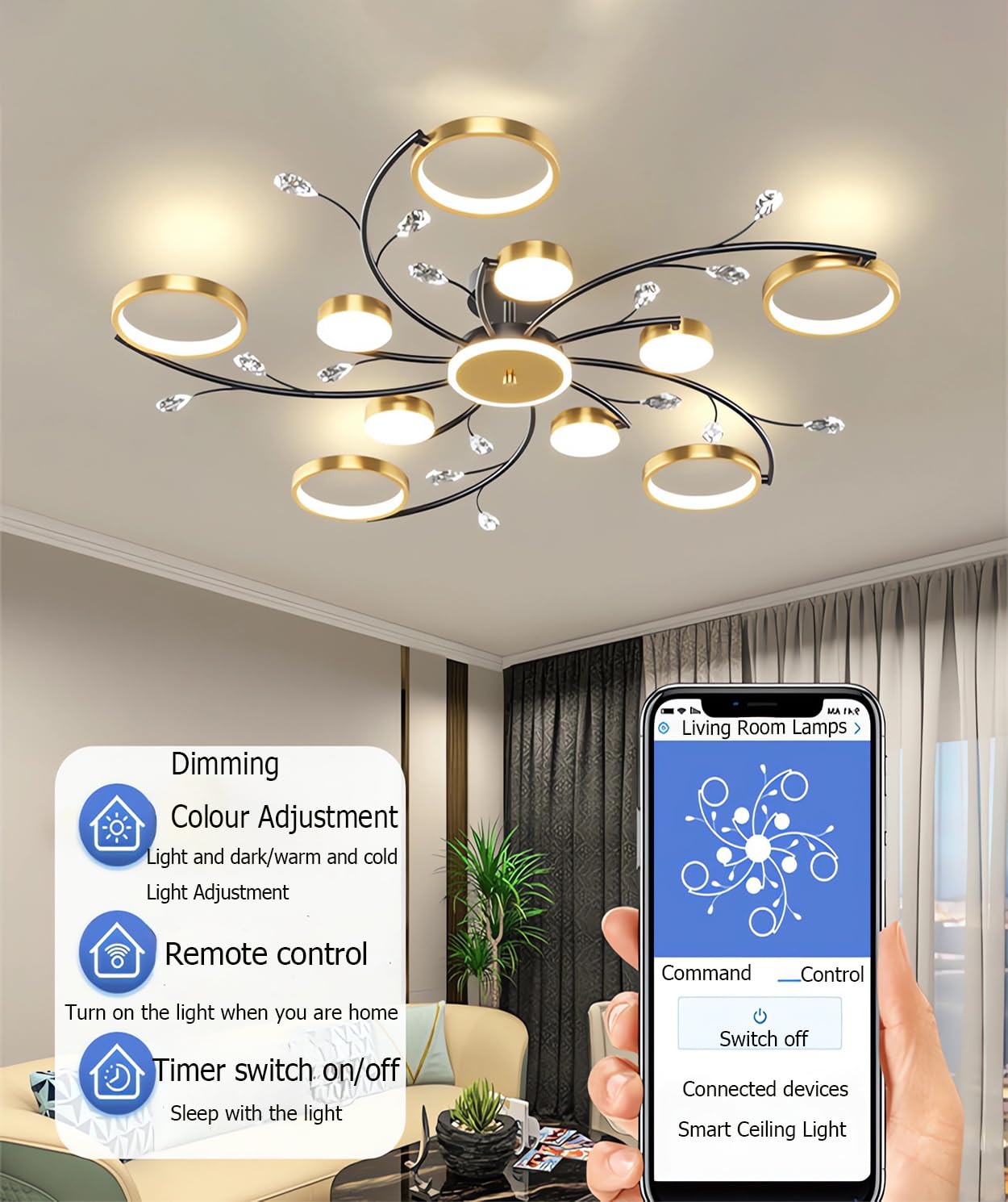 Luce a sospensione di cristallo LED dimmerabile con telecomando regolabile 3000K-6000K 110W Plafoniera a più teste per soggiorno, camera da letto e sala da pranzo (10+1 teste)