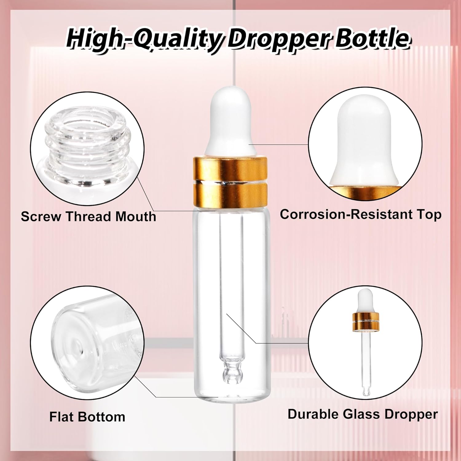 100 Pack 5ml Clear Glass Dropper Bottles with 4 Pcs Plastic Droppers, Mini Sample Dropper Bottles for Essential Oils Perfume Cosmetic Liquid, Empty Travel Sample Vials with Gold Cap