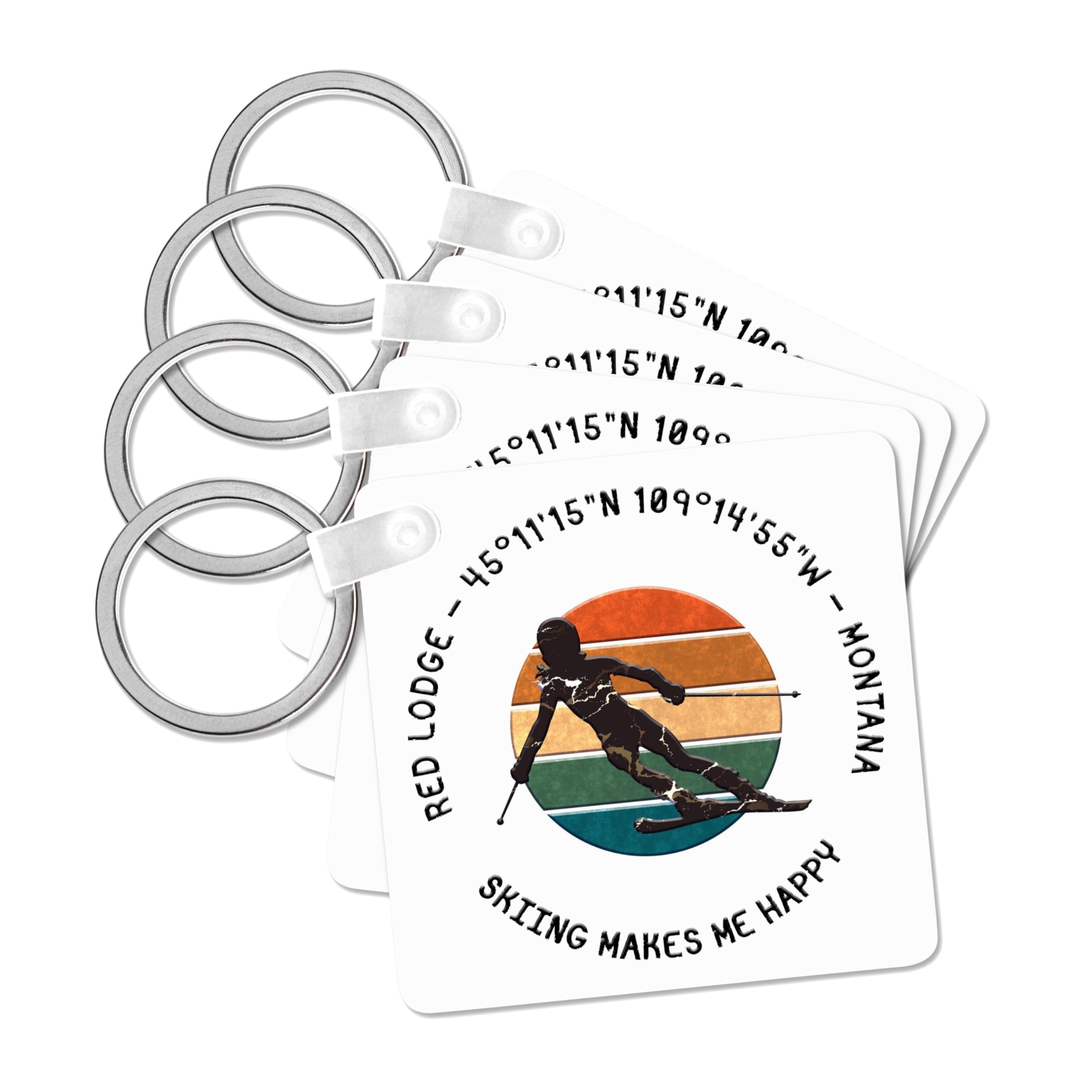 3dRose, Red Lodge, Montana. Woman skier on white. Downhill skiing sport gift, set of 4 Key Chains