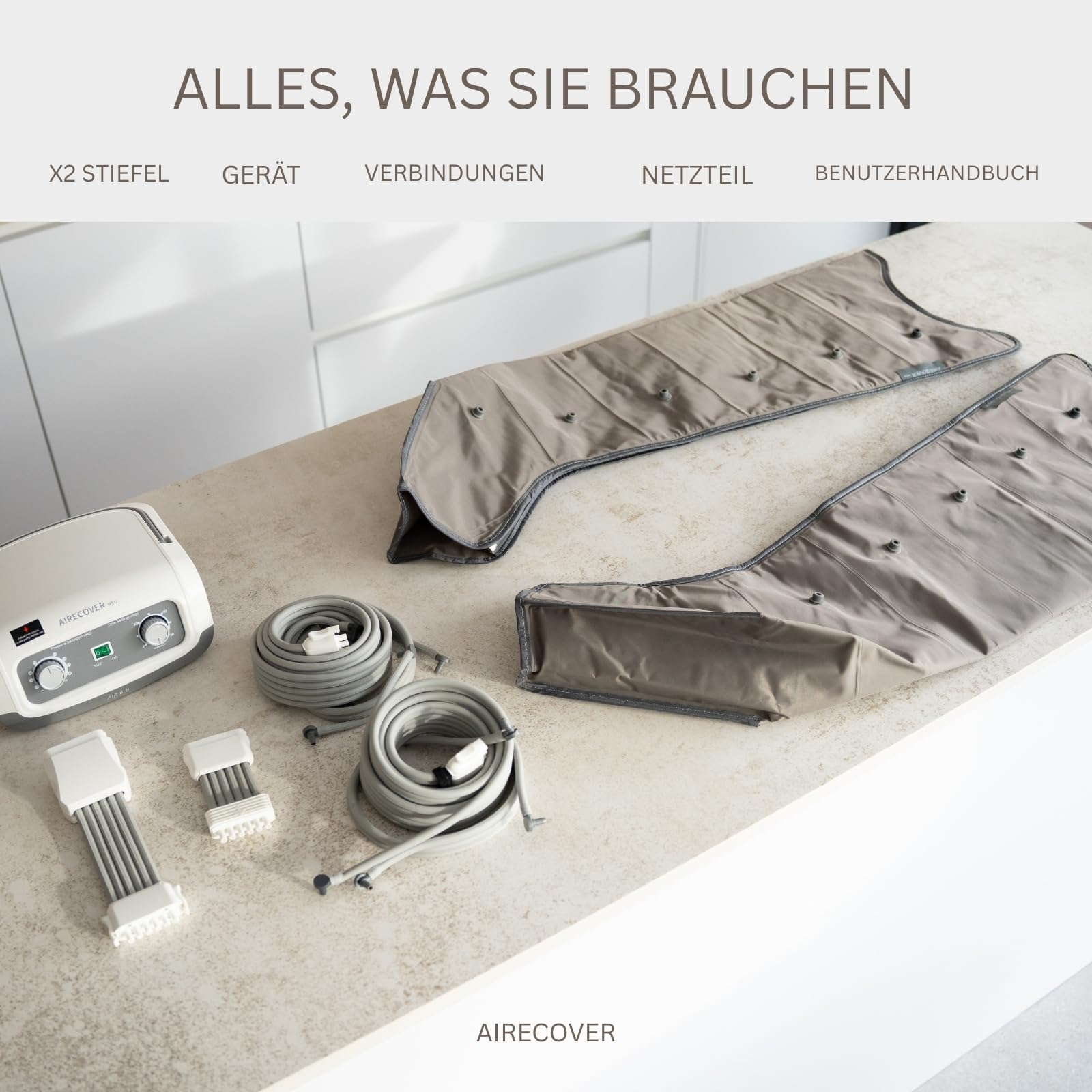 Lymphdrainage Beinmassagegerät mit Luftdruck – Pressotherapie für Zuhause, 30–250 mmHg, 6 überlappende Zonen, Kompressionsmassage für müde Beine (Steuereinheit & Beinmanschetten)