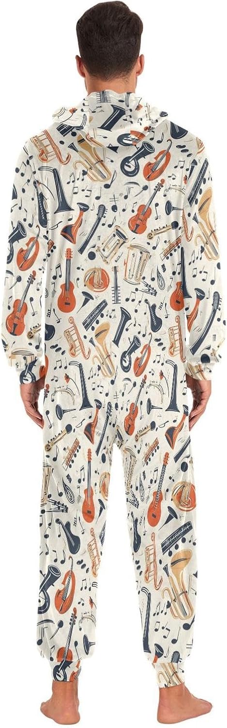 ZZKKO Vintage Musical Instrument Adult Onesie Pajamas for Women Men Cozy One Piece Pajamas Costume Zip-Up Hooded S-XL
